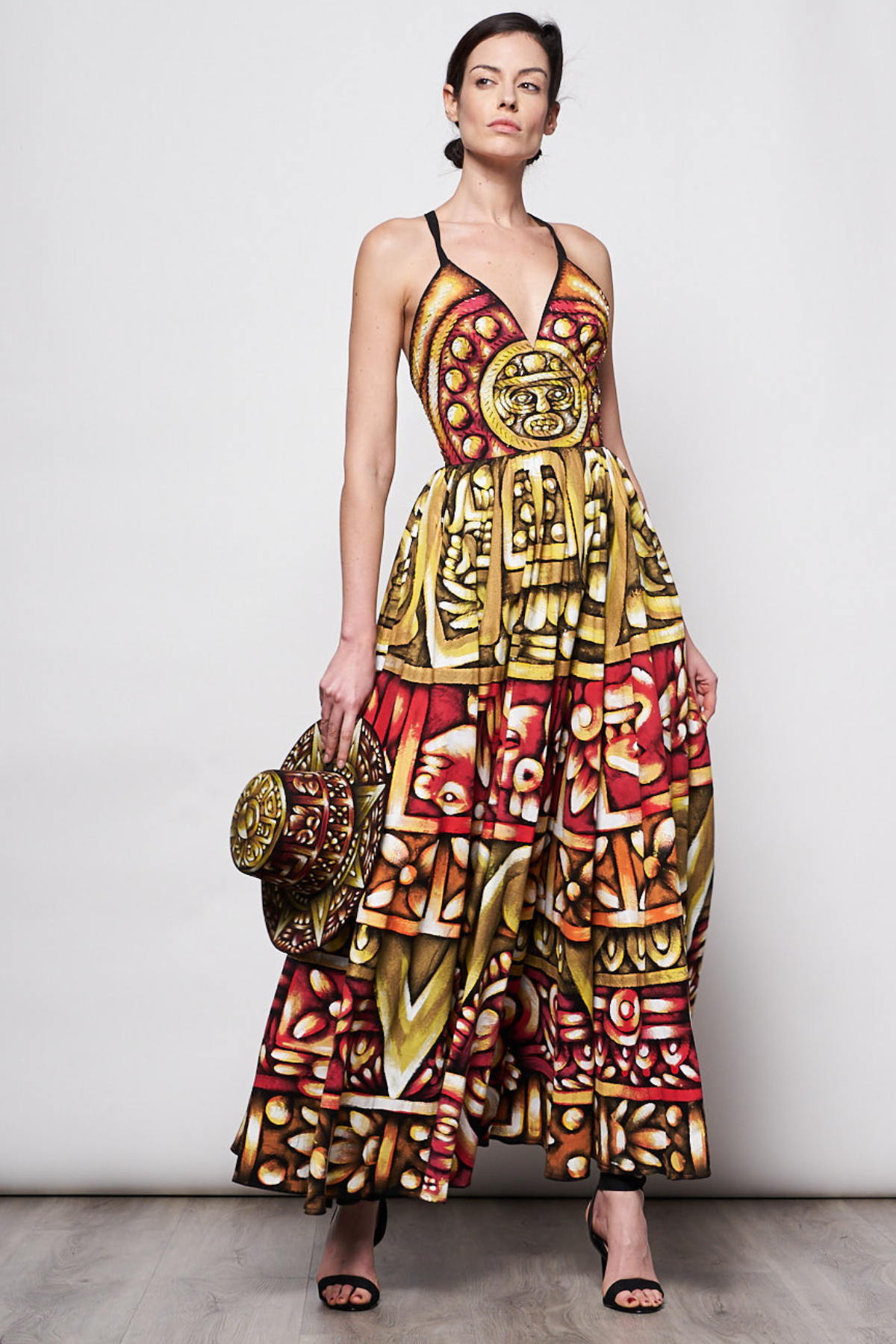 HAND-PAINTED AND HAND-EMBROIDERED LONG DRESS V NECK - PIEDRA DEL SOL