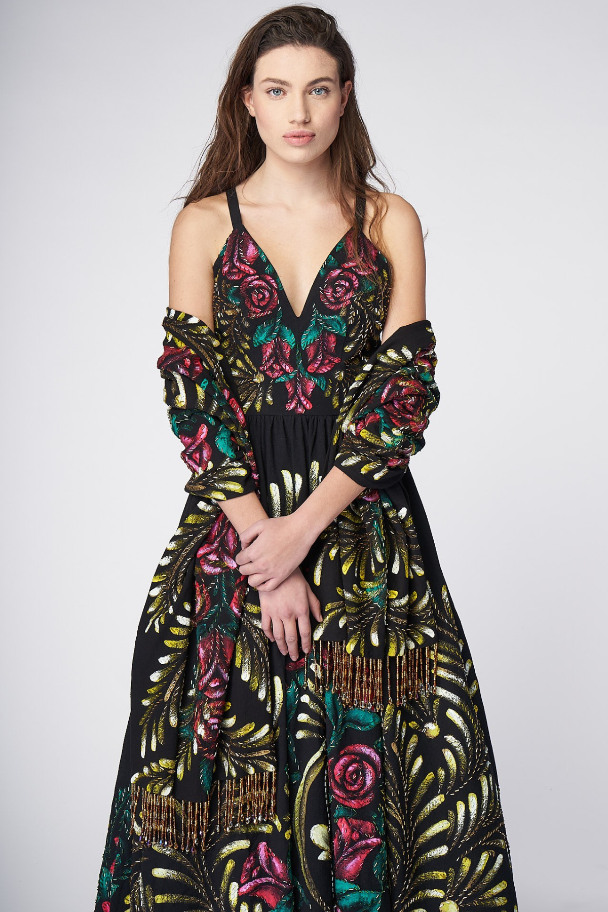 HAND PAINTED AND HAND-EMBROIDERED LONG V-NECK DRESS 