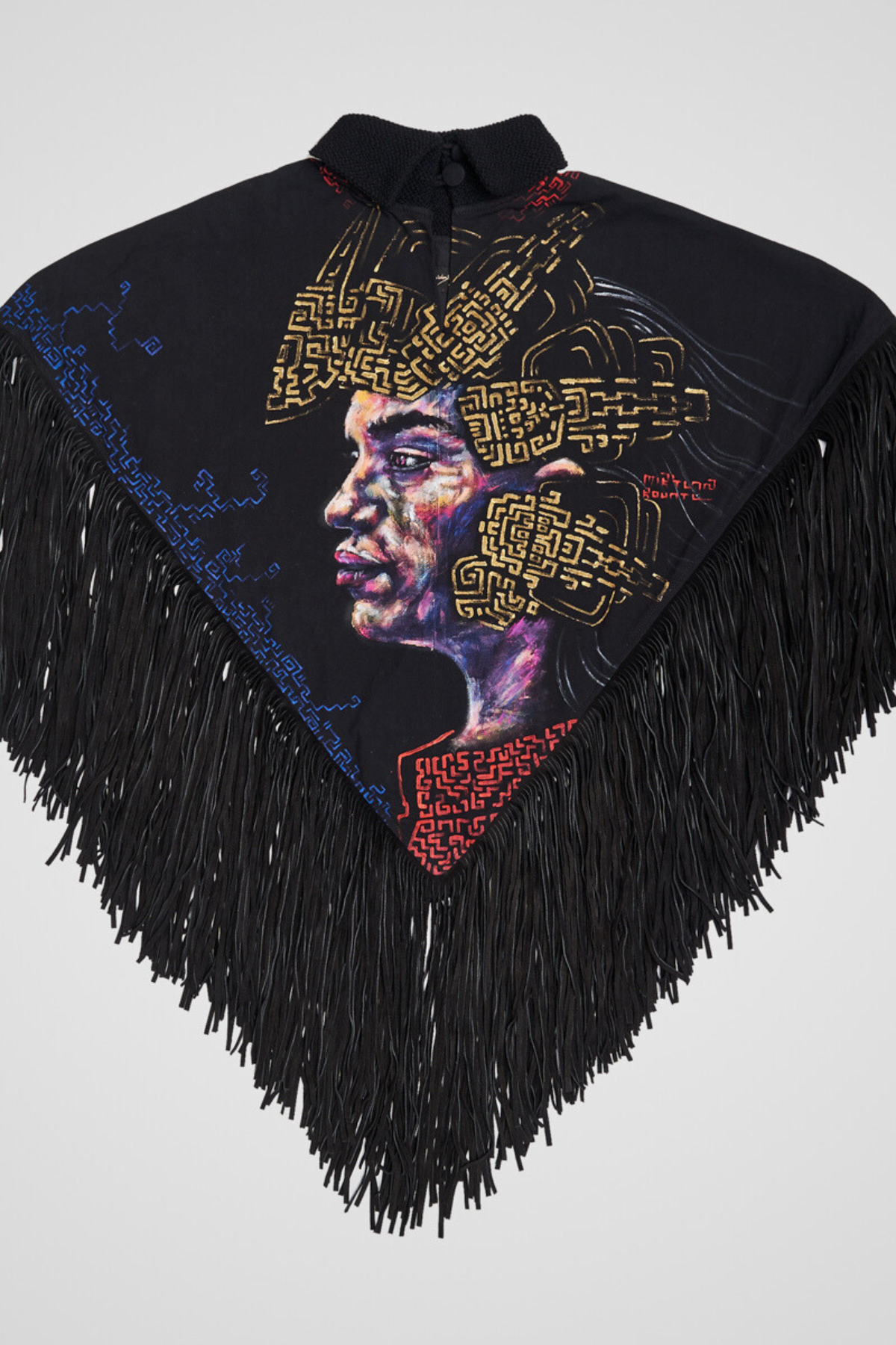 PONCHO CON FRANGE DI CAMOSCIO DIPINTO A MANO - INDIGENAS