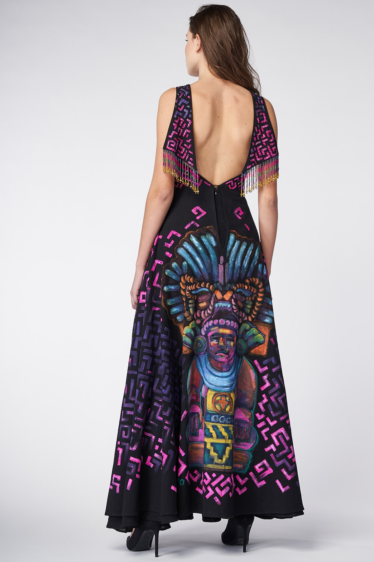 LONG HIGH-LOW HAND-PAINTED AND HAND-EMBROIDERED DRESS