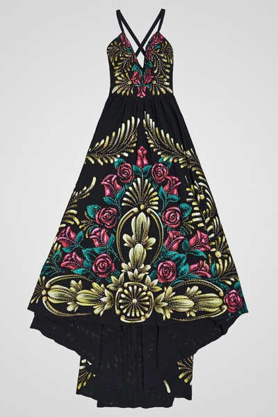 HAND PAINTED AND HAND-EMBROIDERED LONG V-NECK DRESS 