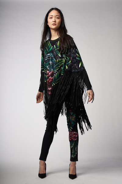 HAND-PAINTED PONCHO WITH SUEDE FRINGE