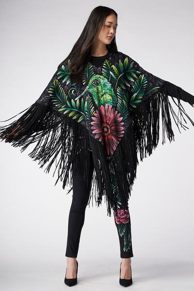 HAND-PAINTED PONCHO WITH SUEDE FRINGE