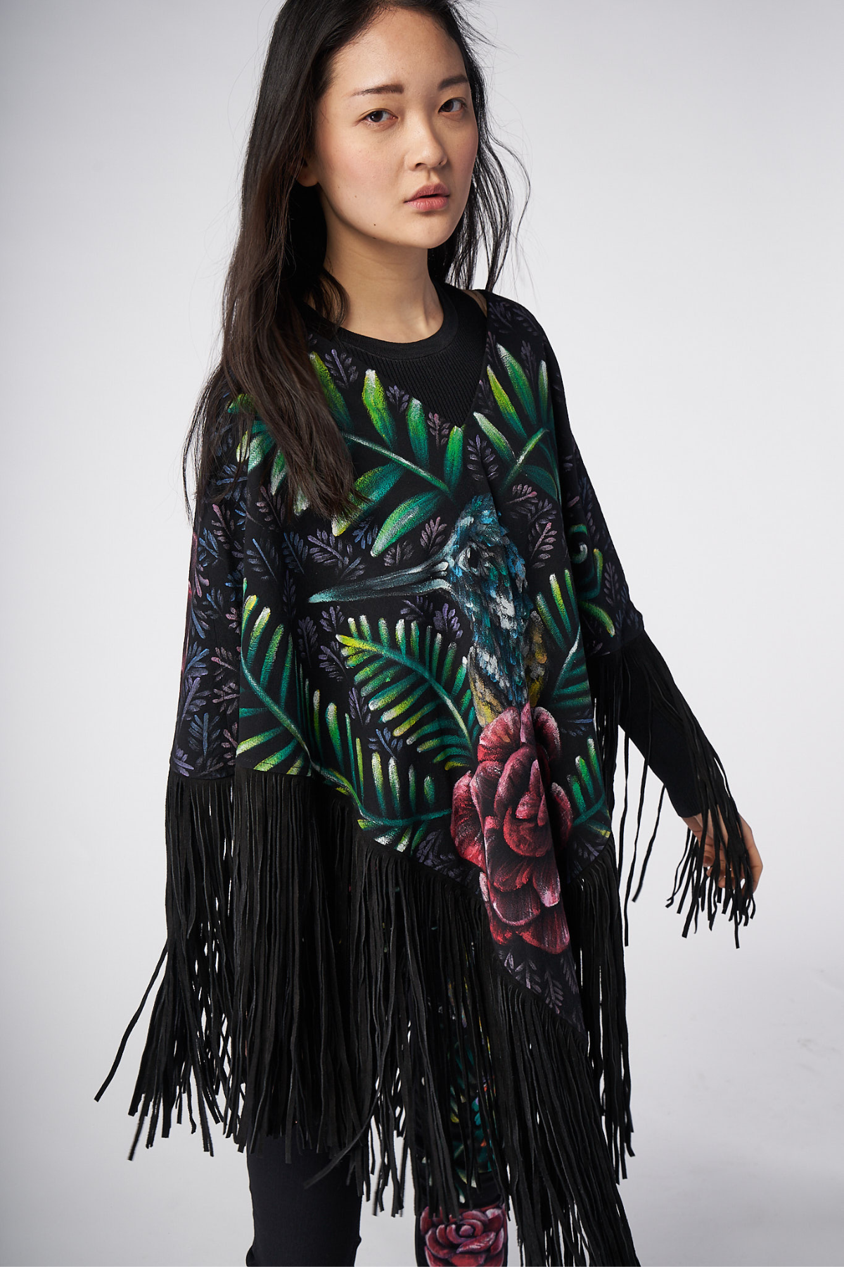 HAND-PAINTED PONCHO WITH SUEDE FRINGE