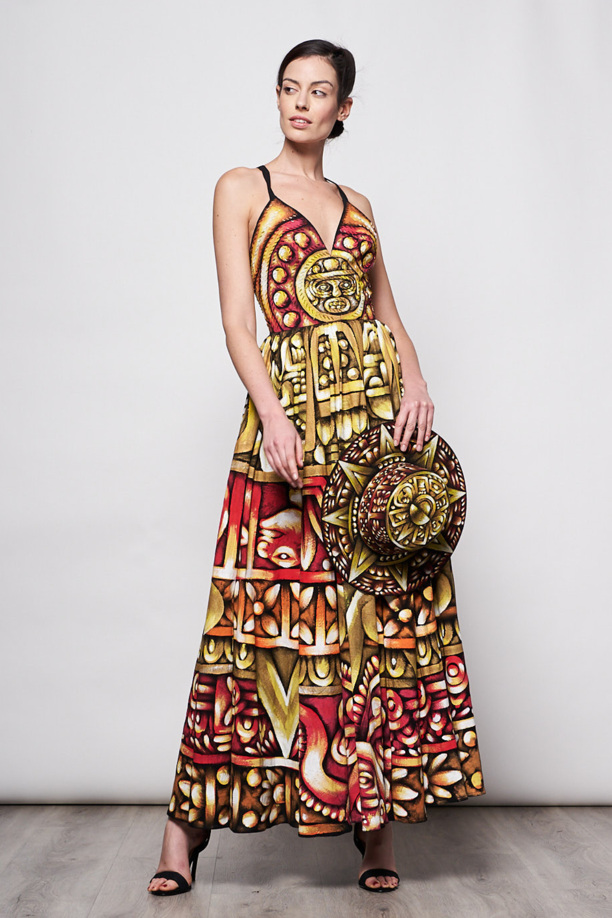 HAND-PAINTED AND HAND-EMBROIDERED LONG DRESS V NECK - PIEDRA DEL SOL