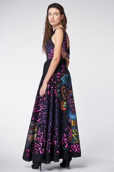 LONG HIGH-LOW HAND-PAINTED AND HAND-EMBROIDERED DRESS