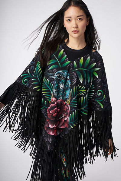 HAND-PAINTED PONCHO WITH SUEDE FRINGE