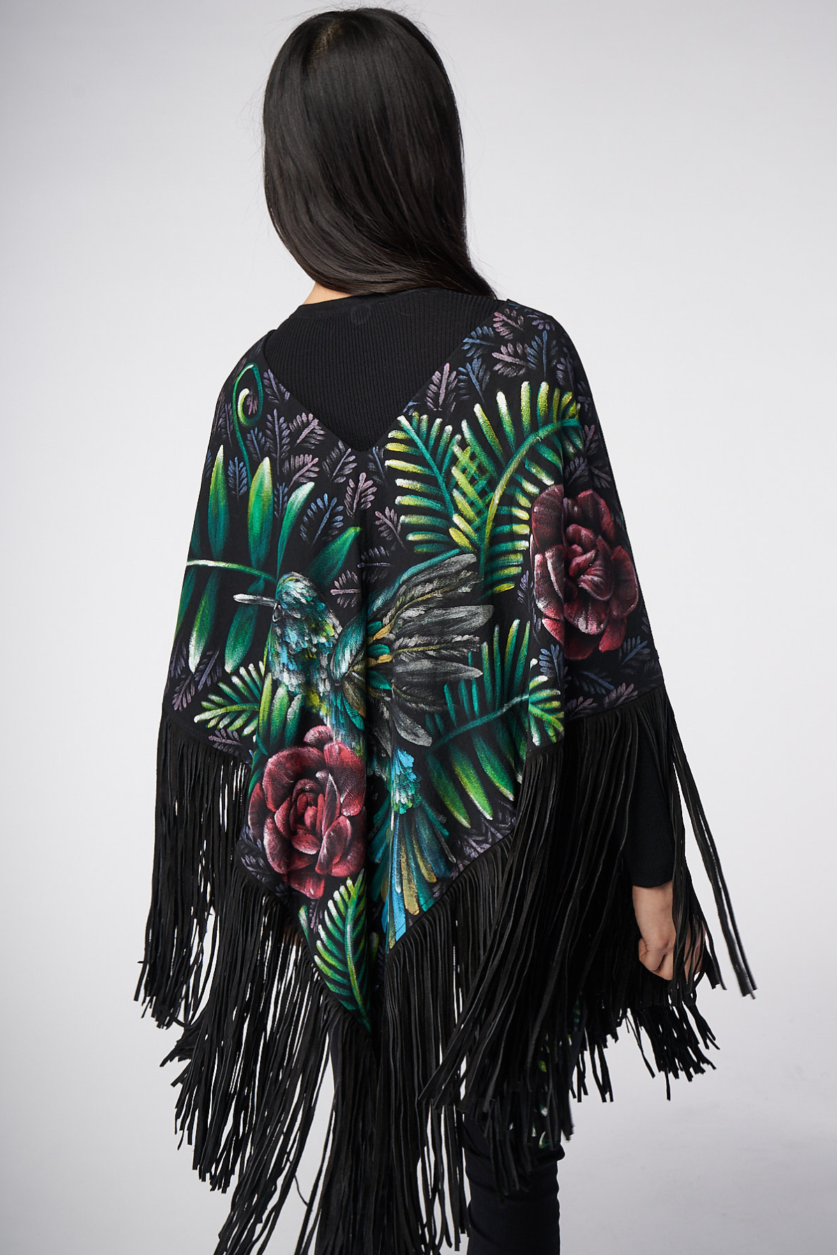 HAND-PAINTED PONCHO WITH SUEDE FRINGE