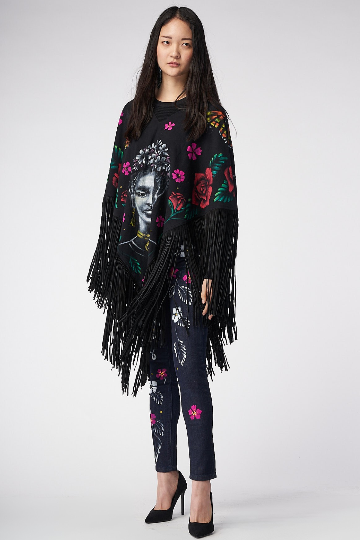 HAND-PAINTED PONCHO WITH SUEDE FRINGE