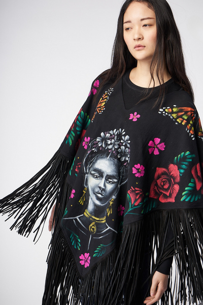 HAND-PAINTED PONCHO WITH SUEDE FRINGE