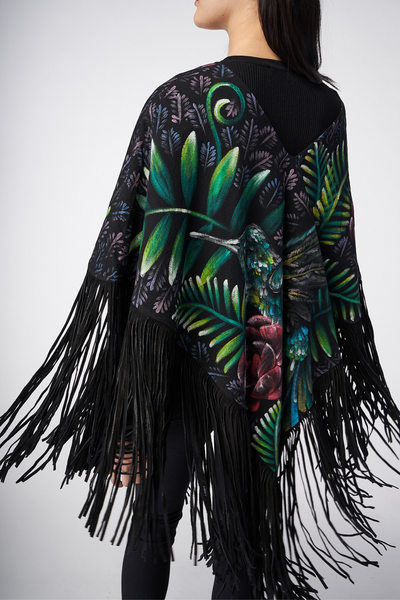 HAND-PAINTED PONCHO WITH SUEDE FRINGE