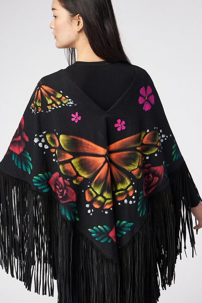 HAND-PAINTED PONCHO WITH SUEDE FRINGE