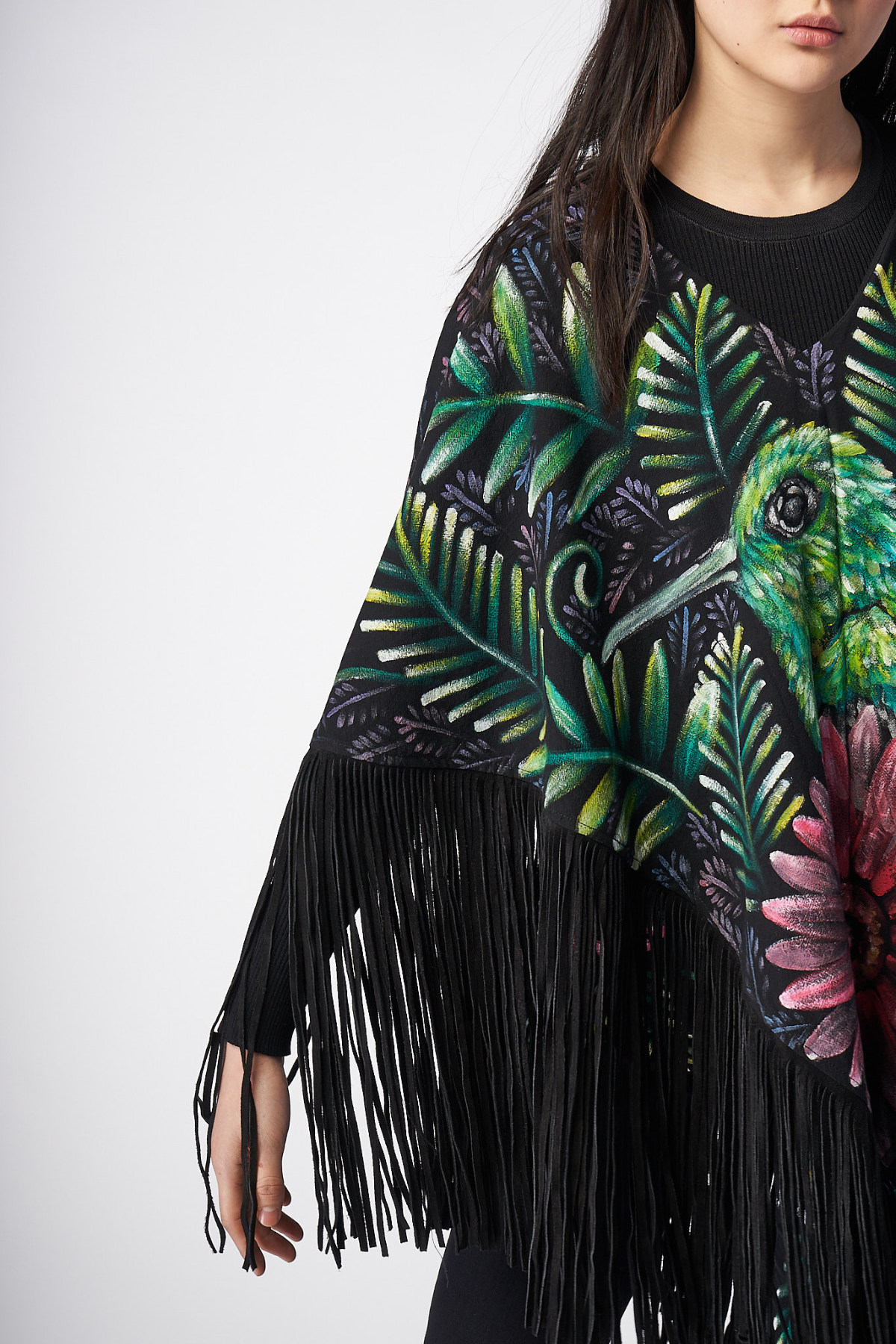 HAND-PAINTED PONCHO WITH SUEDE FRINGE