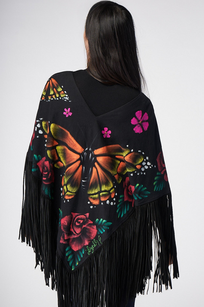 HAND-PAINTED PONCHO WITH SUEDE FRINGE