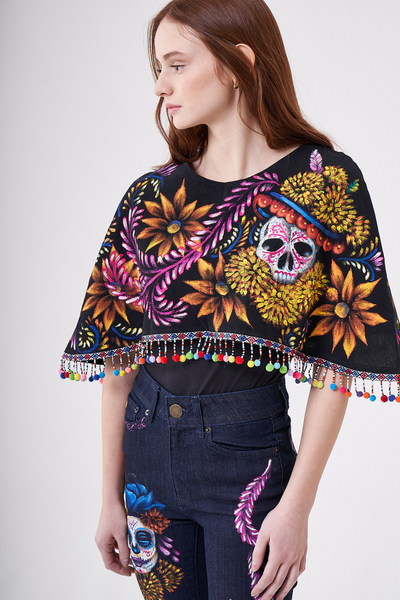 SHORT HAND-PAINTED CAPE WITH BEADED FRINGE