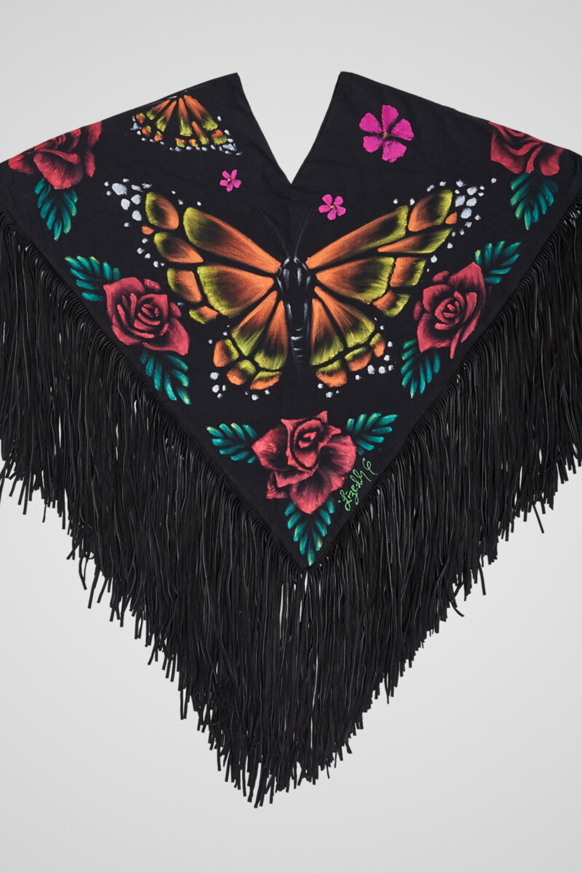 HAND-PAINTED PONCHO WITH SUEDE FRINGE