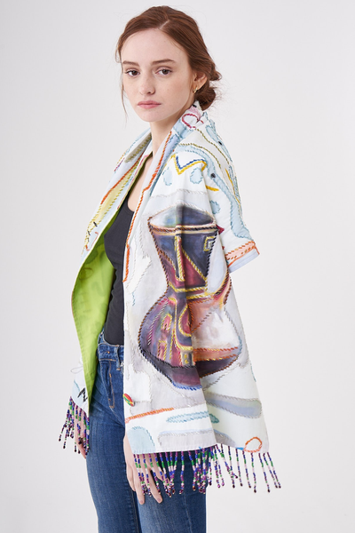 HAND-PAINTED AND HAND-EMBROIDERED SHAWL WITH BEADED FRINGE - ZAPOTECA CERAMIC