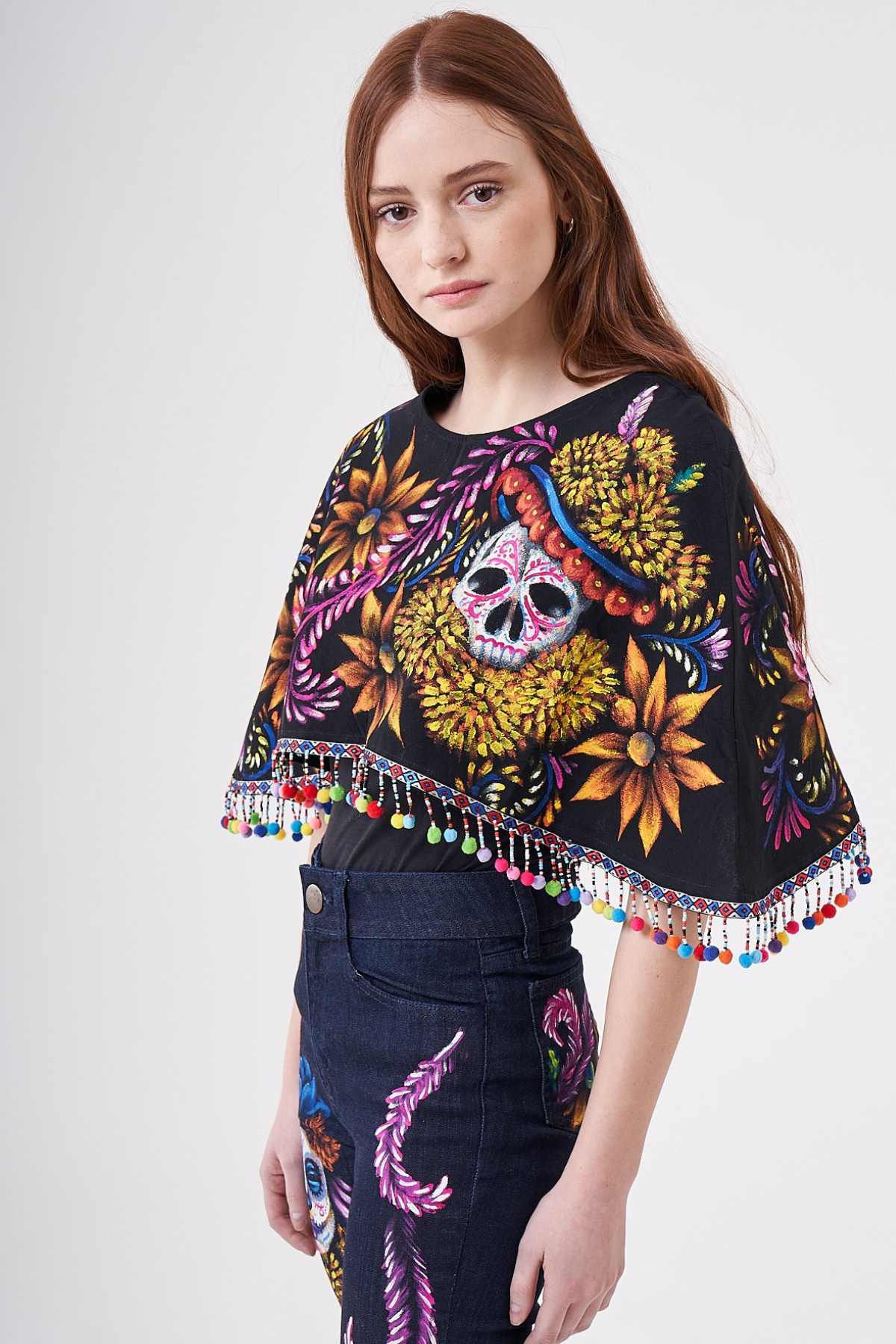 SHORT HAND-PAINTED CAPE WITH BEADED FRINGE