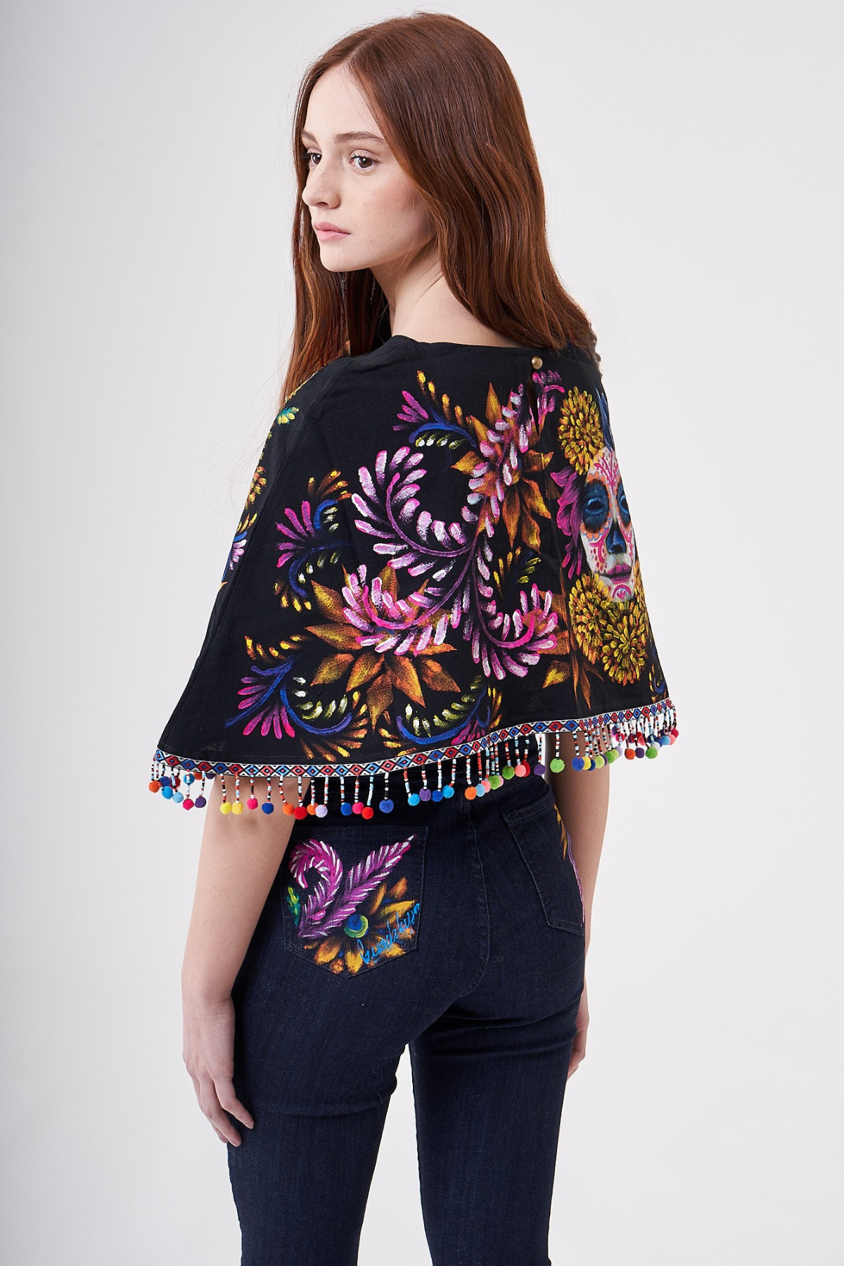 SHORT HAND-PAINTED CAPE WITH BEADED FRINGE