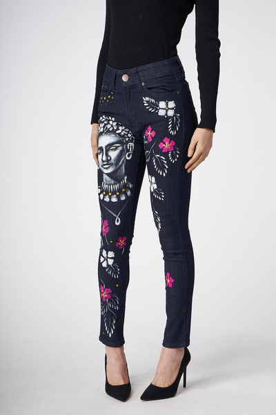 JEANS BLUE DENIM DIPINTI A MANO - FRIDA KAHLO