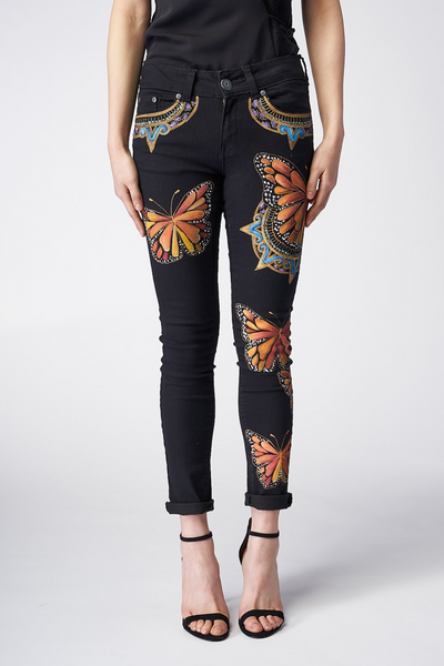 JEANS BLACK DENIM DIPINTI A MANO - MARIPOSAS