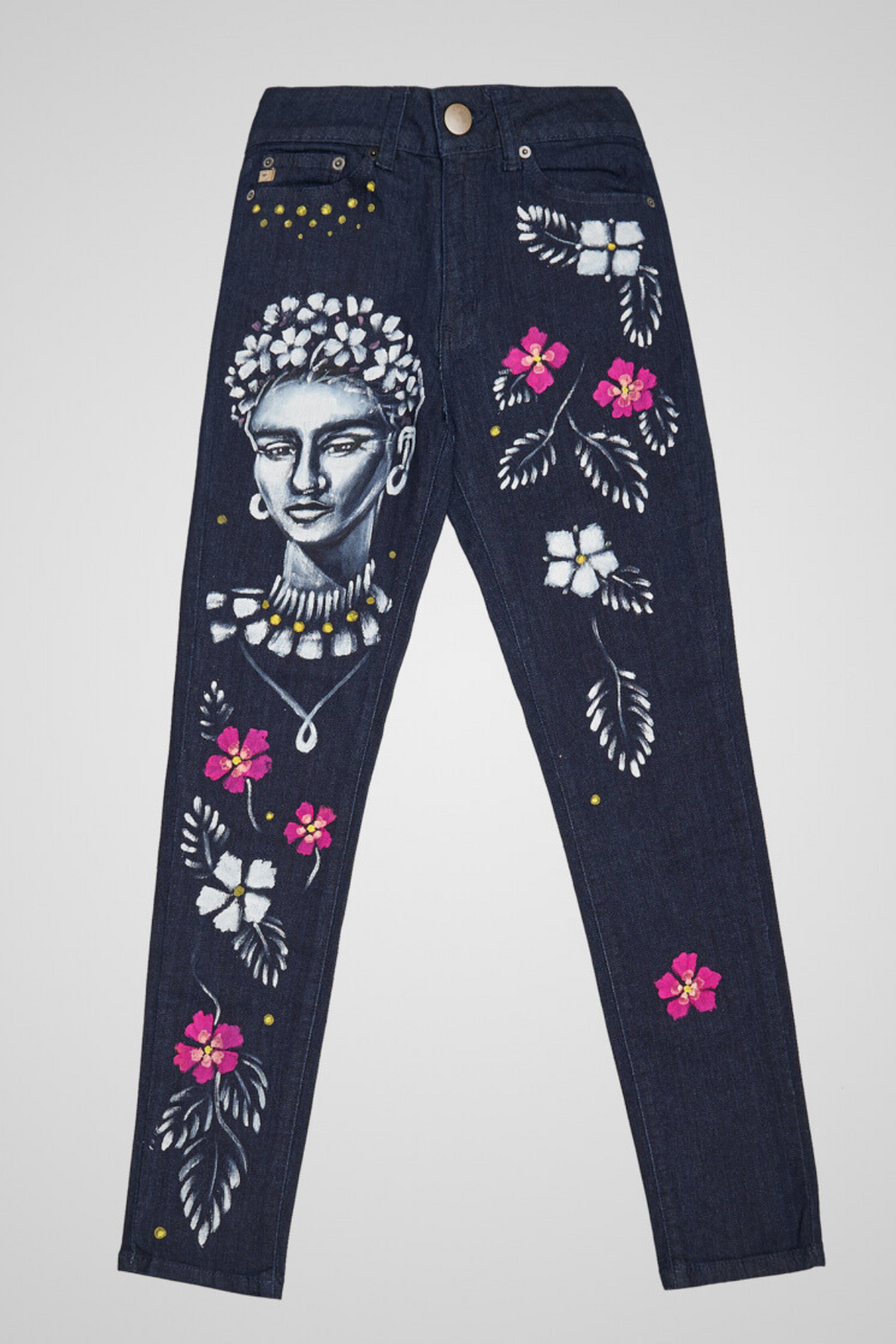 JEANS BLUE DENIM DIPINTI A MANO FRIDA KAHLO – Sindashi Italia