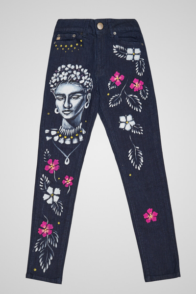 JEANS BLUE DENIM DIPINTI A MANO - FRIDA KAHLO