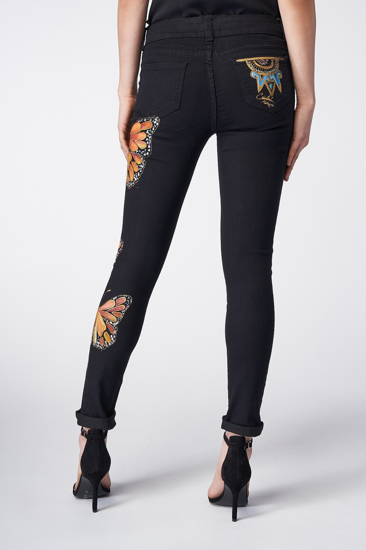 JEANS BLACK DENIM DIPINTI A MANO - MARIPOSAS