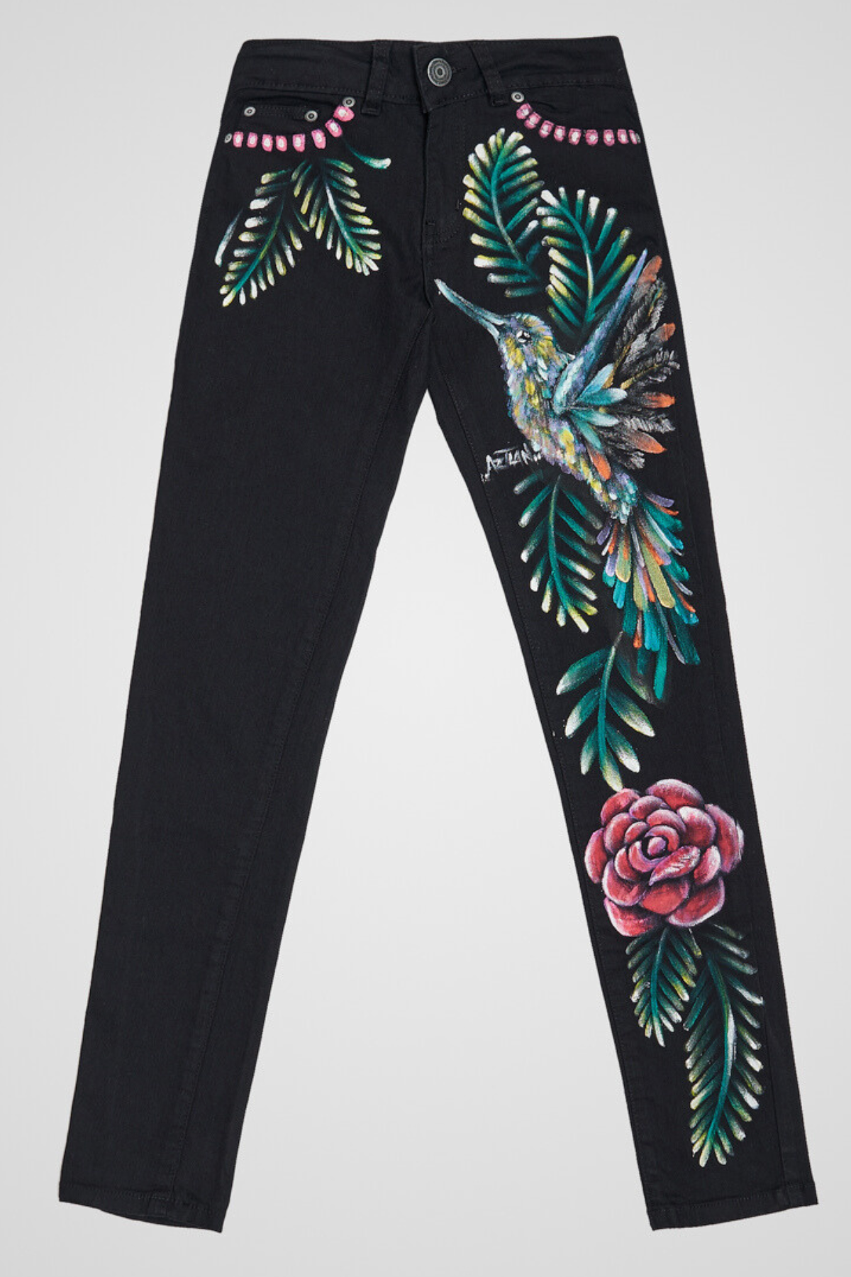 JEANS BLACK DENIM DIPINTI A MANO - COLIBRI