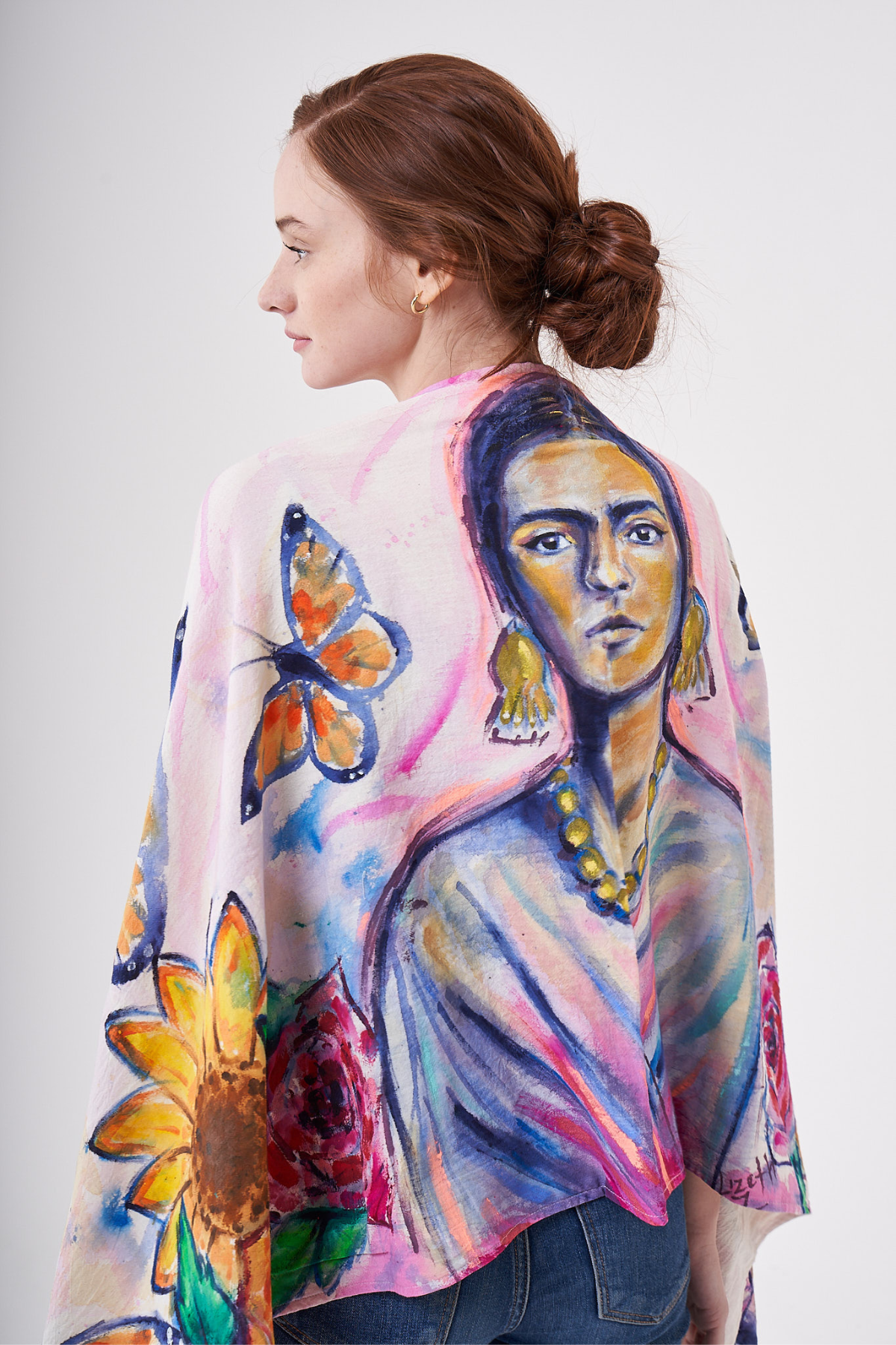 HAND-PAINTED SHAWL WITH BEADED FRINGE
