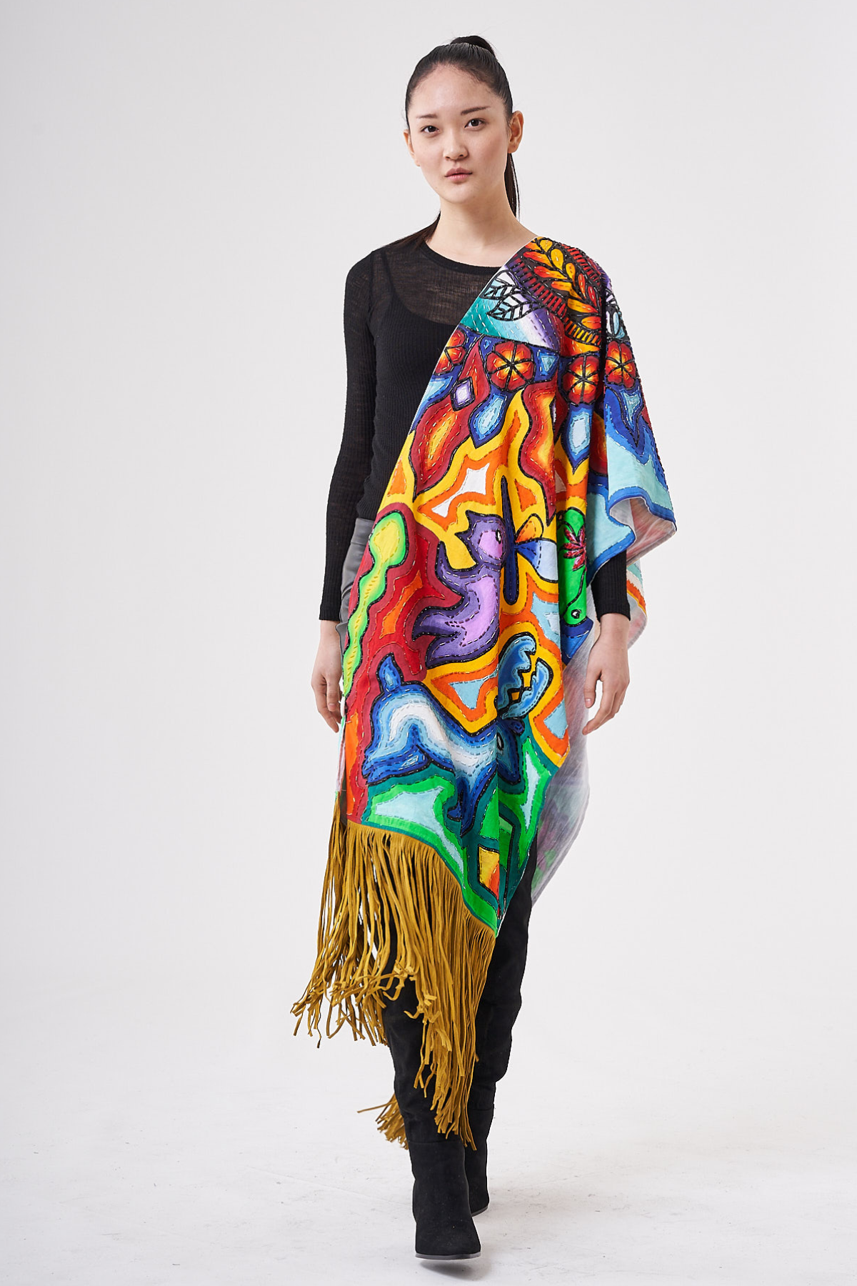 HAND PAINTED SUEDE FRINGE SHAWL - HUICHOL