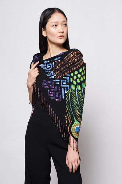 HAND-PAINTED AND HAND-EMBROIDERED TRIANGULAR SHAWL WITH BEADED FRINGE - INDIGENAS