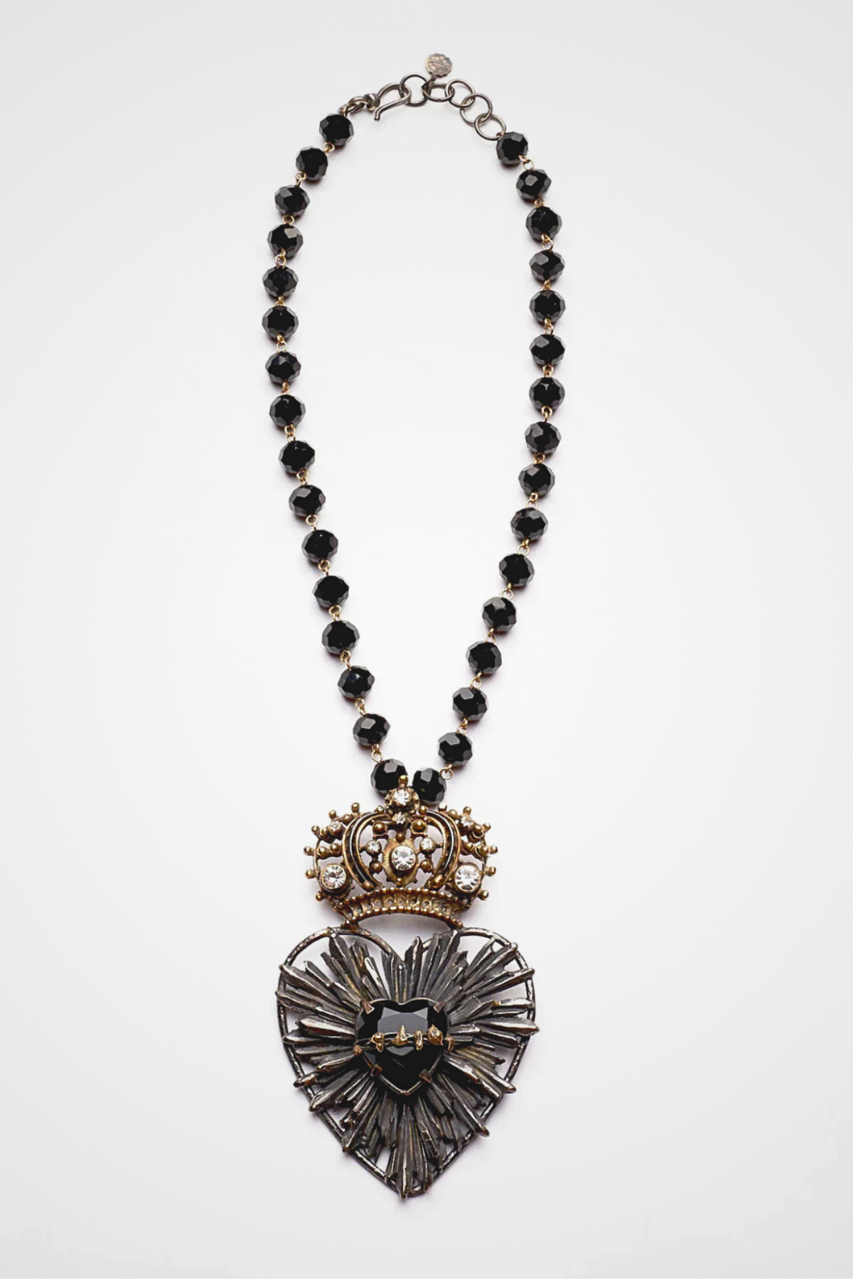 COLLANA SAGRADO CORAZON CORONA NERO CON CRISTALLO SFACCETTATO A MANO E CRISTALLI BIANCHI