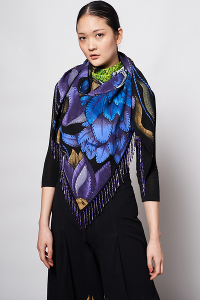 HAND-PAINTED AND HAND-EMBROIDERED TRIANGULAR SHAWL WITH BEADED FRINGE - GUACAMAYA