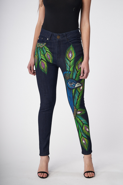 JEANS BLUE DENIM DIPINTI A MANO - PAVO REAL