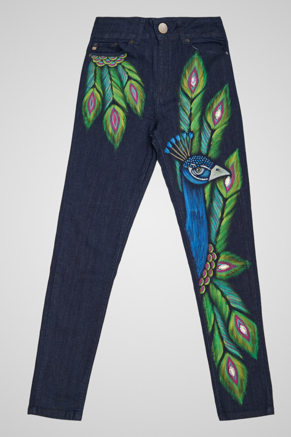 JEANS BLUE DENIM DIPINTI A MANO - PAVO REAL