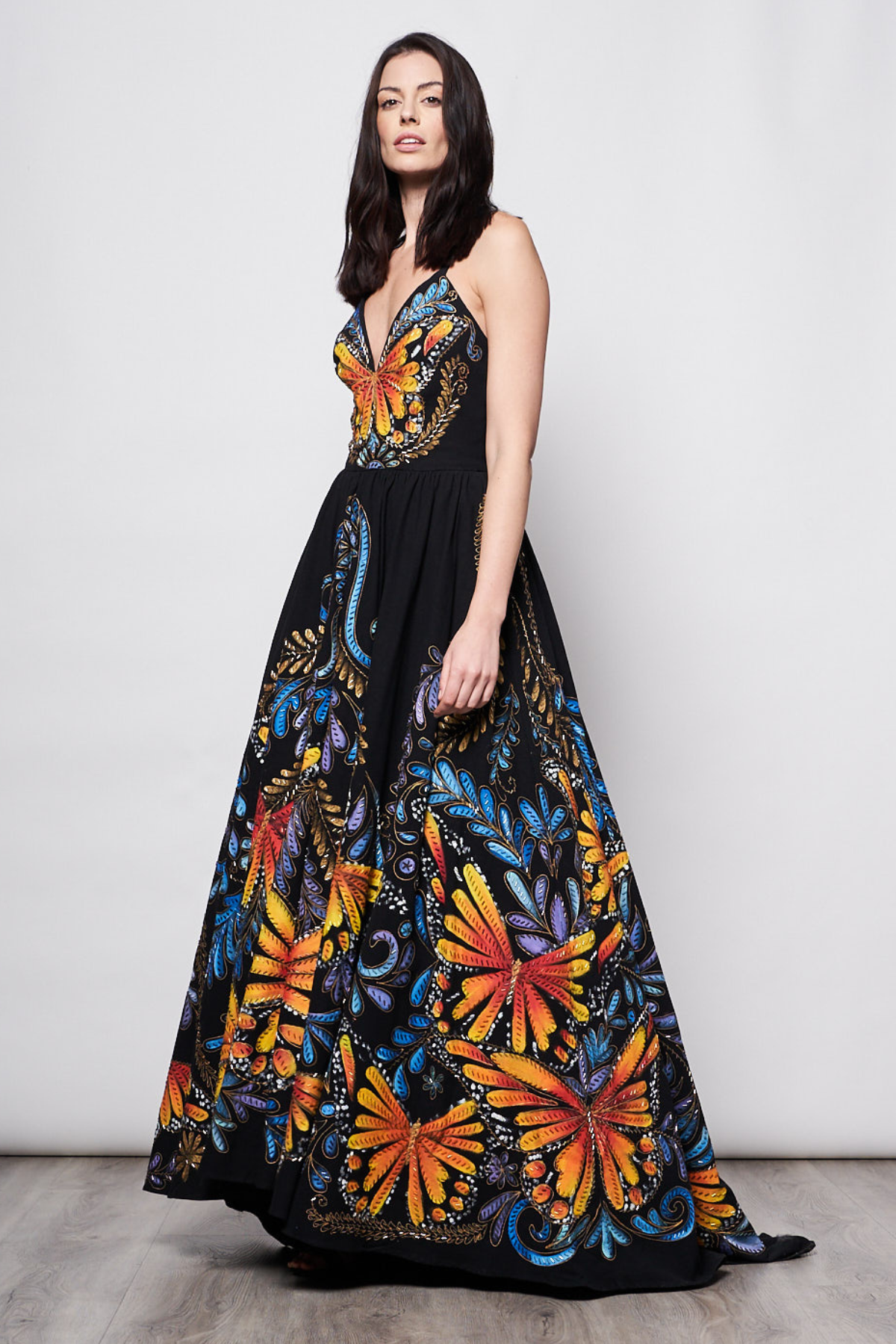 LONG DRESS V NECK HAND-PAINTED AND HAND-EMBROIDERED - MARIPOSAS