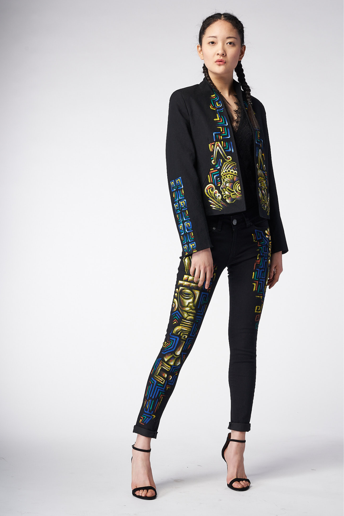 HAND PAINTED BLACK DENIM JEANS - GUERREROS