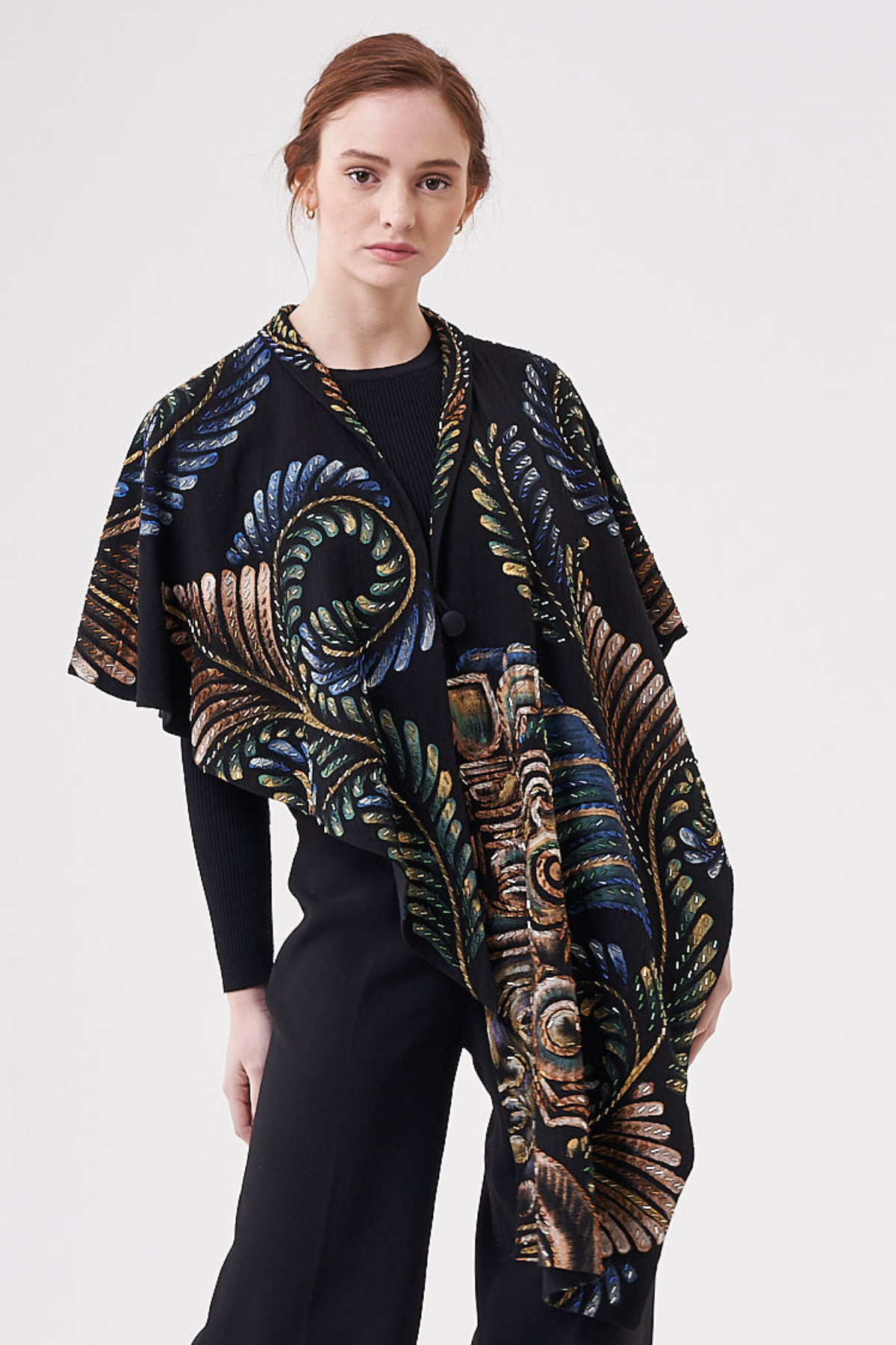 HAND-PAINTED AND HAND-EMBROIDERED IRREGULAR PONCHO