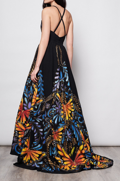 LONG DRESS V NECK HAND-PAINTED AND HAND-EMBROIDERED - MARIPOSAS