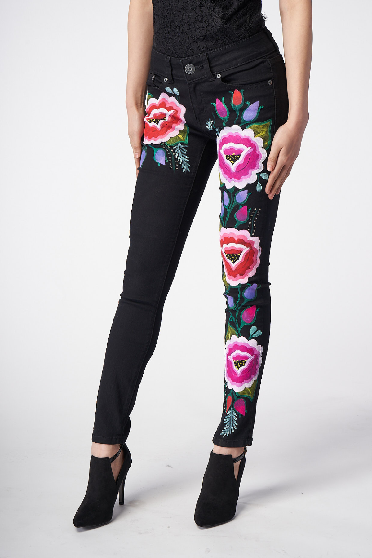 JEANS BLACK DENIM STRETCH FIORI ROSA DIPINTI A MANO - TEXTIL FLORES