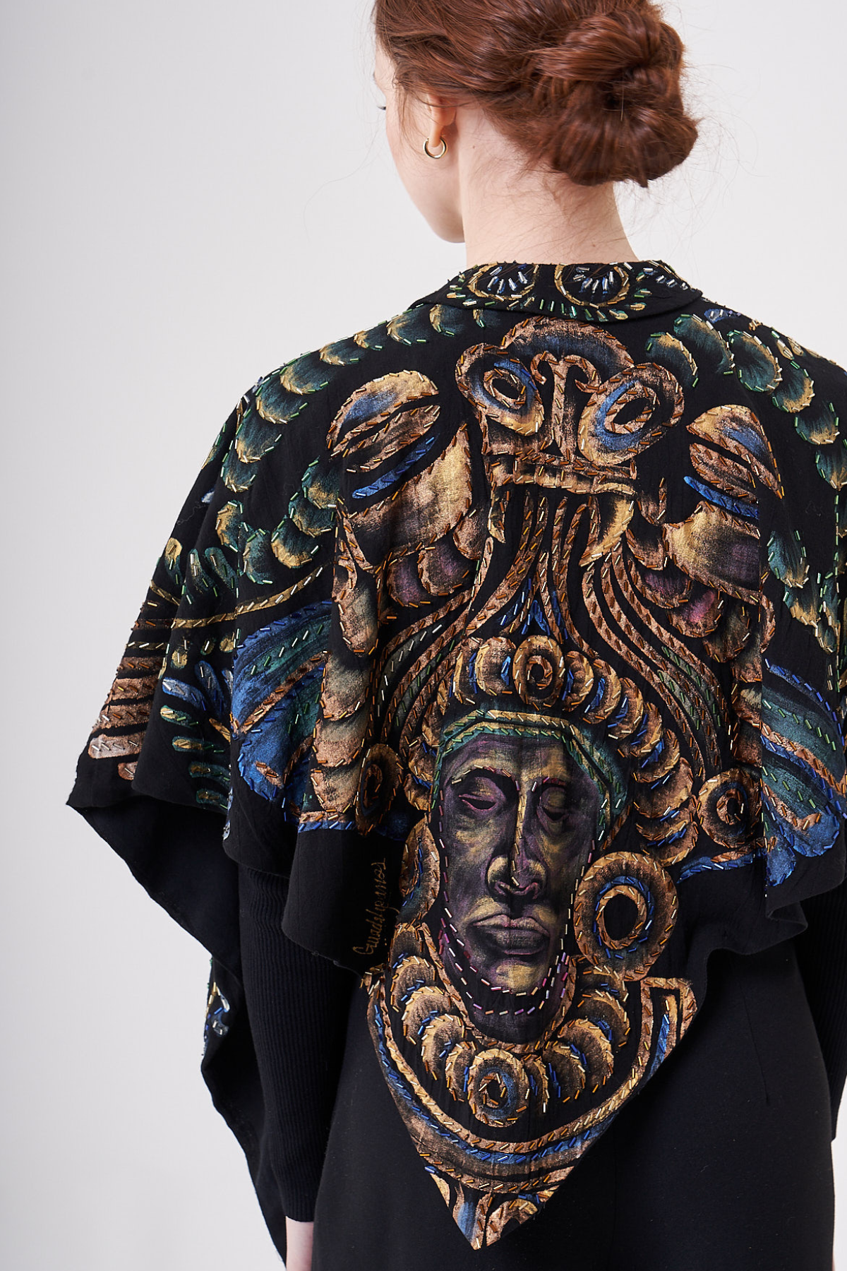 HAND-PAINTED AND HAND-EMBROIDERED IRREGULAR PONCHO