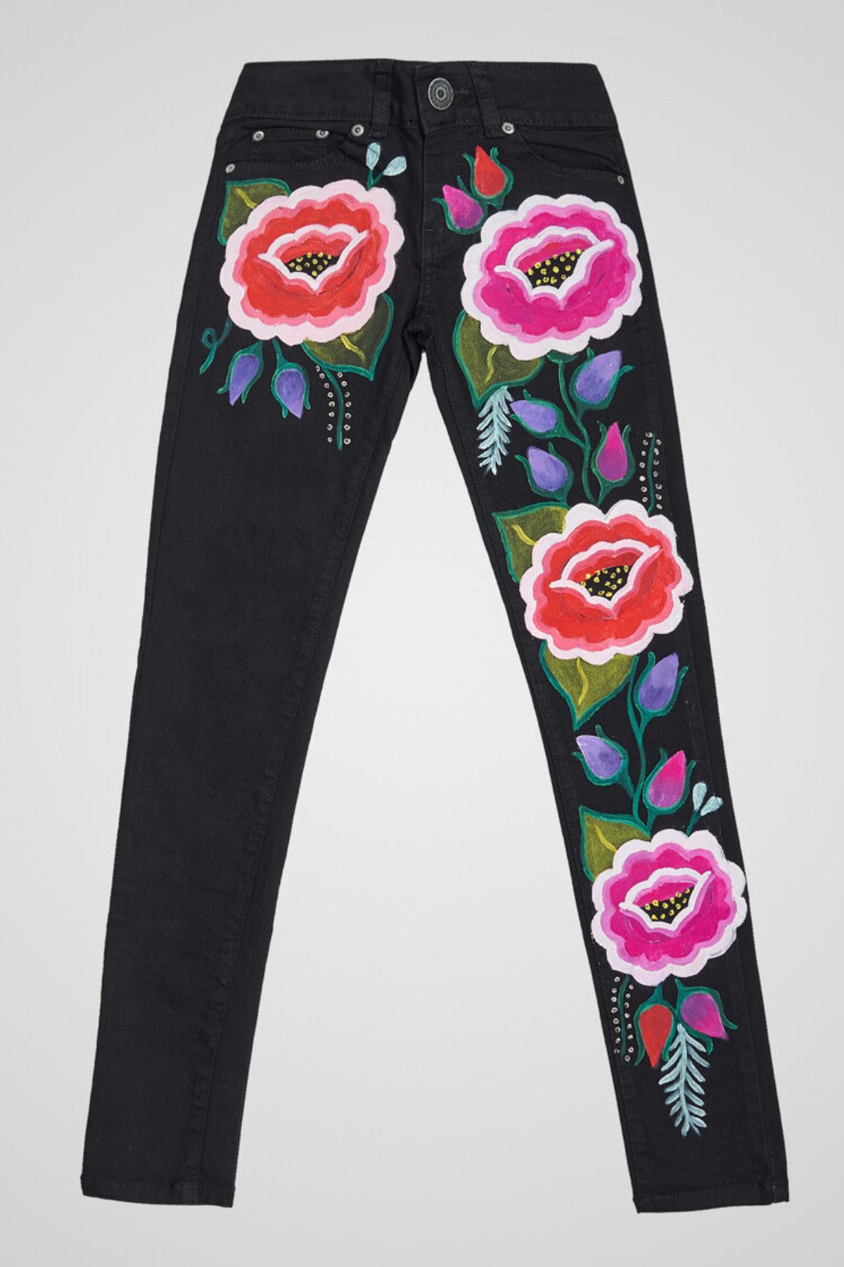 JEANS BLACK DENIM STRETCH FIORI ROSA DIPINTI A MANO - TEXTIL FLORES