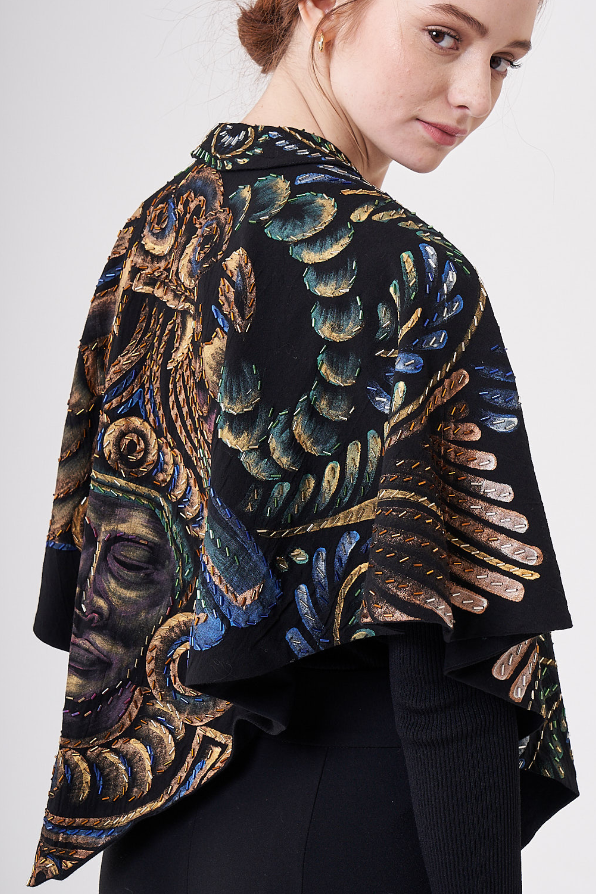 HAND-PAINTED AND HAND-EMBROIDERED IRREGULAR PONCHO