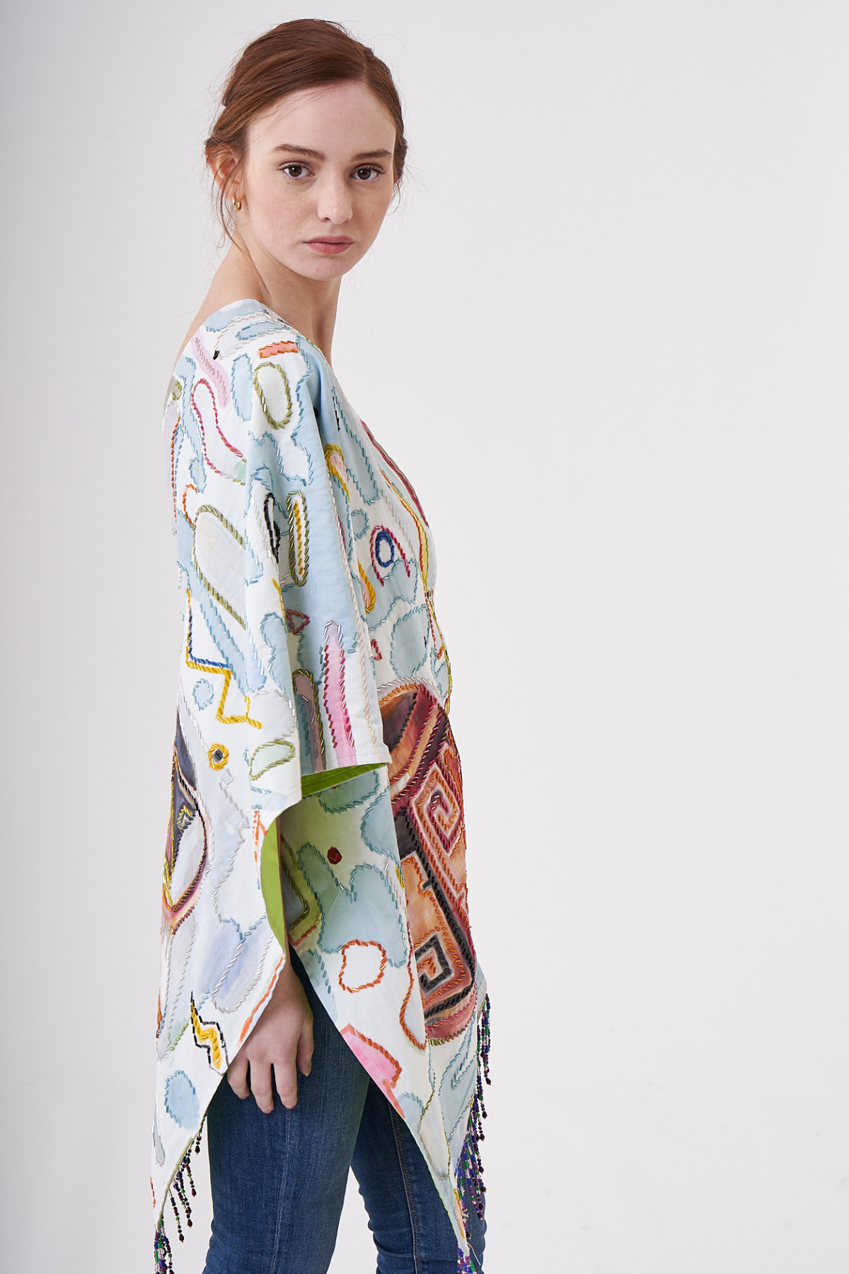 HAND-PAINTED AND HAND-EMBROIDERED SHAWL WITH BEADED FRINGE - ZAPOTECA CERAMIC