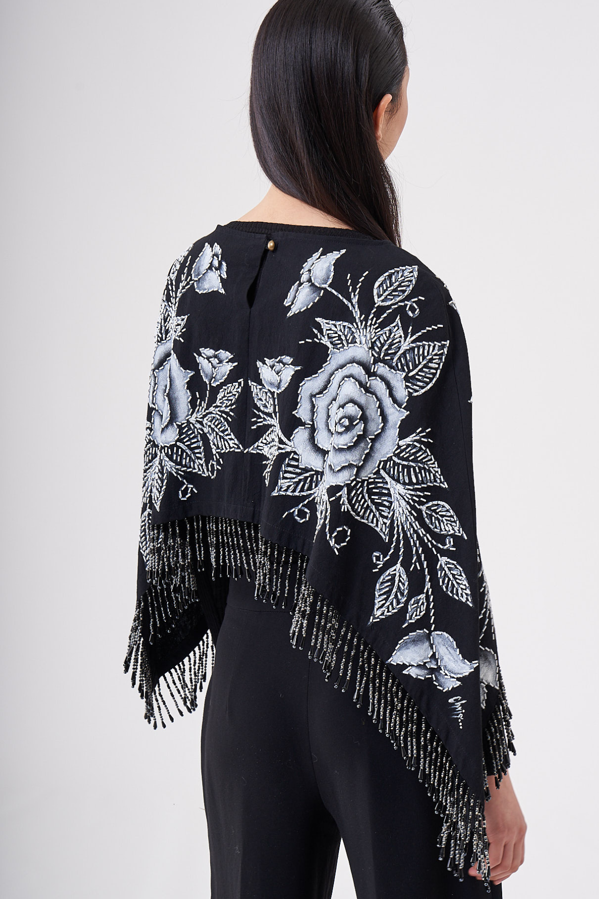 SHORT HAND-PAINTED AND HAND-EMBROIDERED CAPE WITH BEADED FRINGE