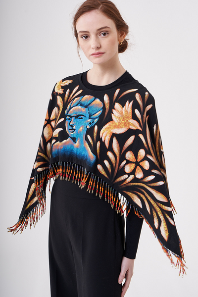 SHORT HAND-PAINTED CAPE WITH BEADED FRINGE