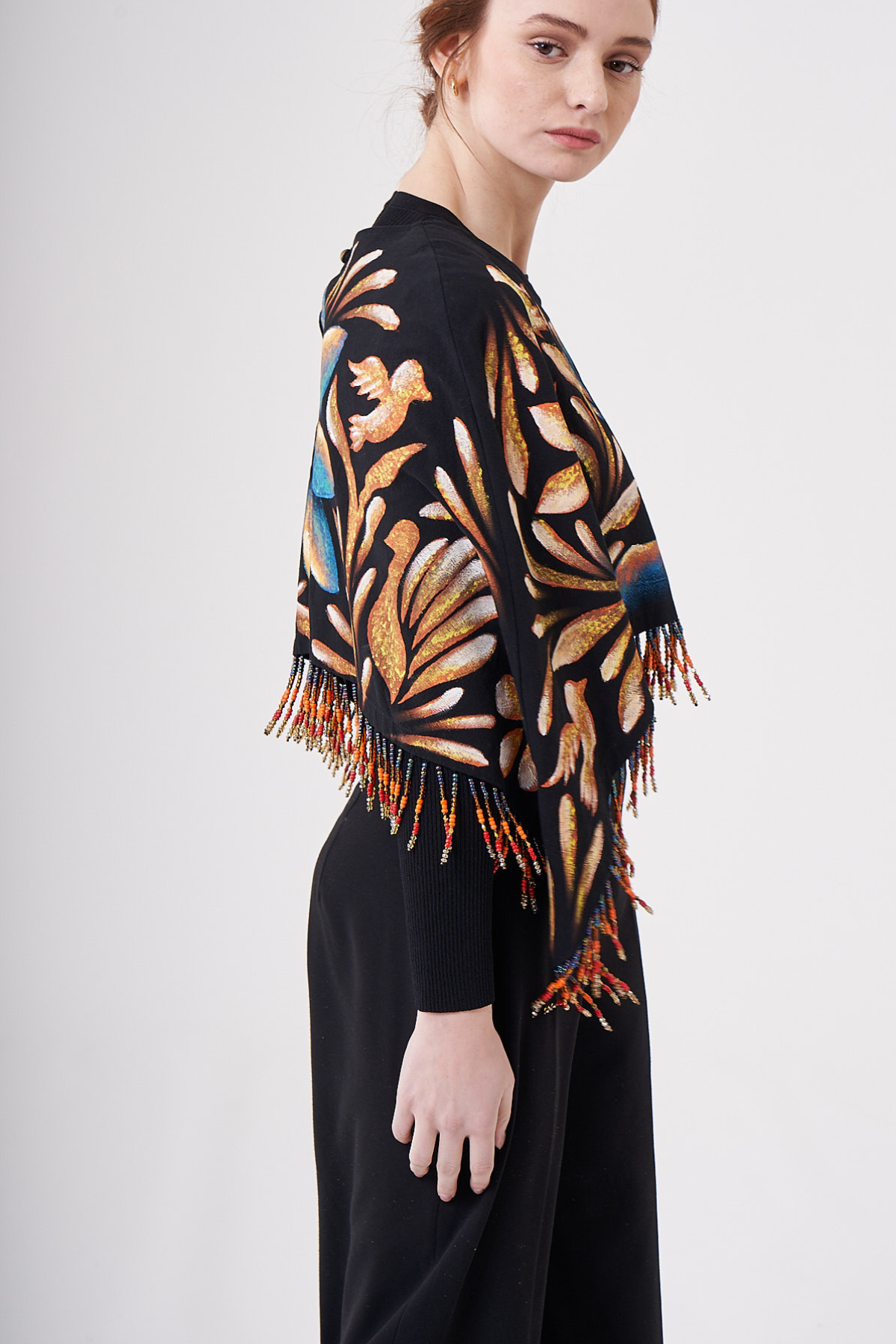 SHORT HAND-PAINTED CAPE WITH BEADED FRINGE