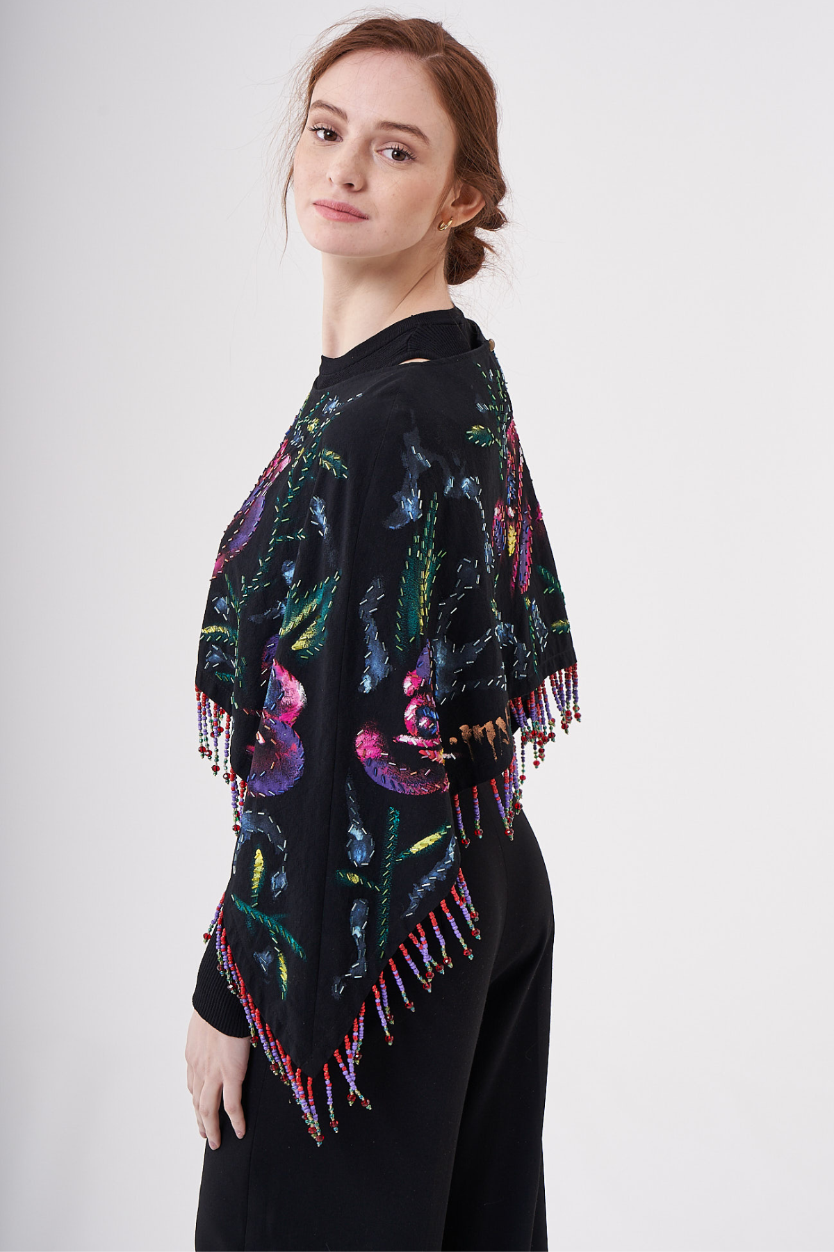 SHORT HAND-PAINTED AND HAND-EMBROIDERED CAPE WITH BEADED FRINGE