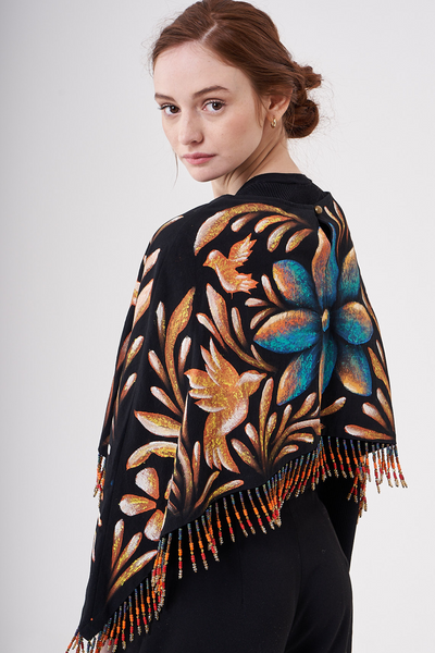 SHORT HAND-PAINTED CAPE WITH BEADED FRINGE